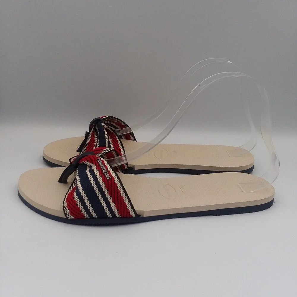 Havaianas Bow Flip Flops Thong‎ Sandals Striped Red Blue Beige Women's US11 EU43